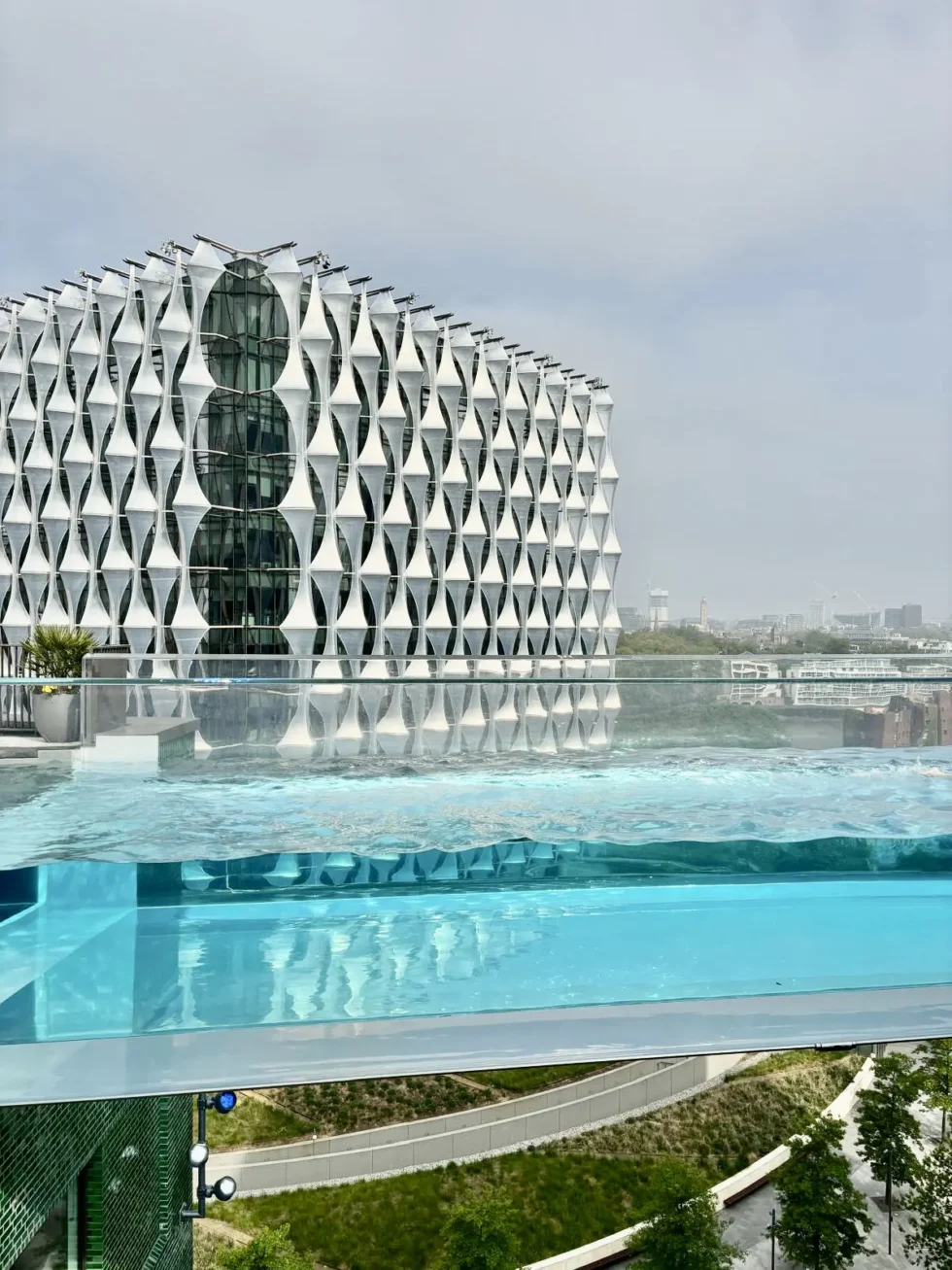The United States Embassy seen from the Sky Pool deck at Embassy Gardens, Nine Elms